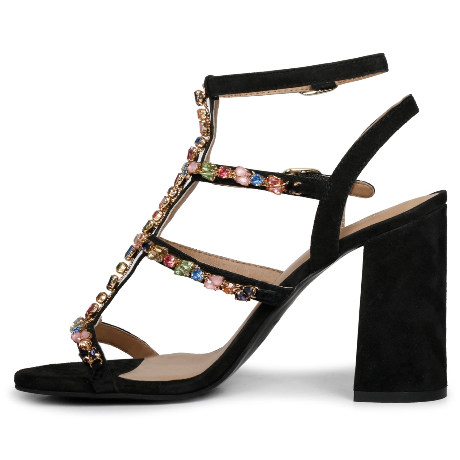 Striking black heels with intricate stone detailing by Saint Gretel.