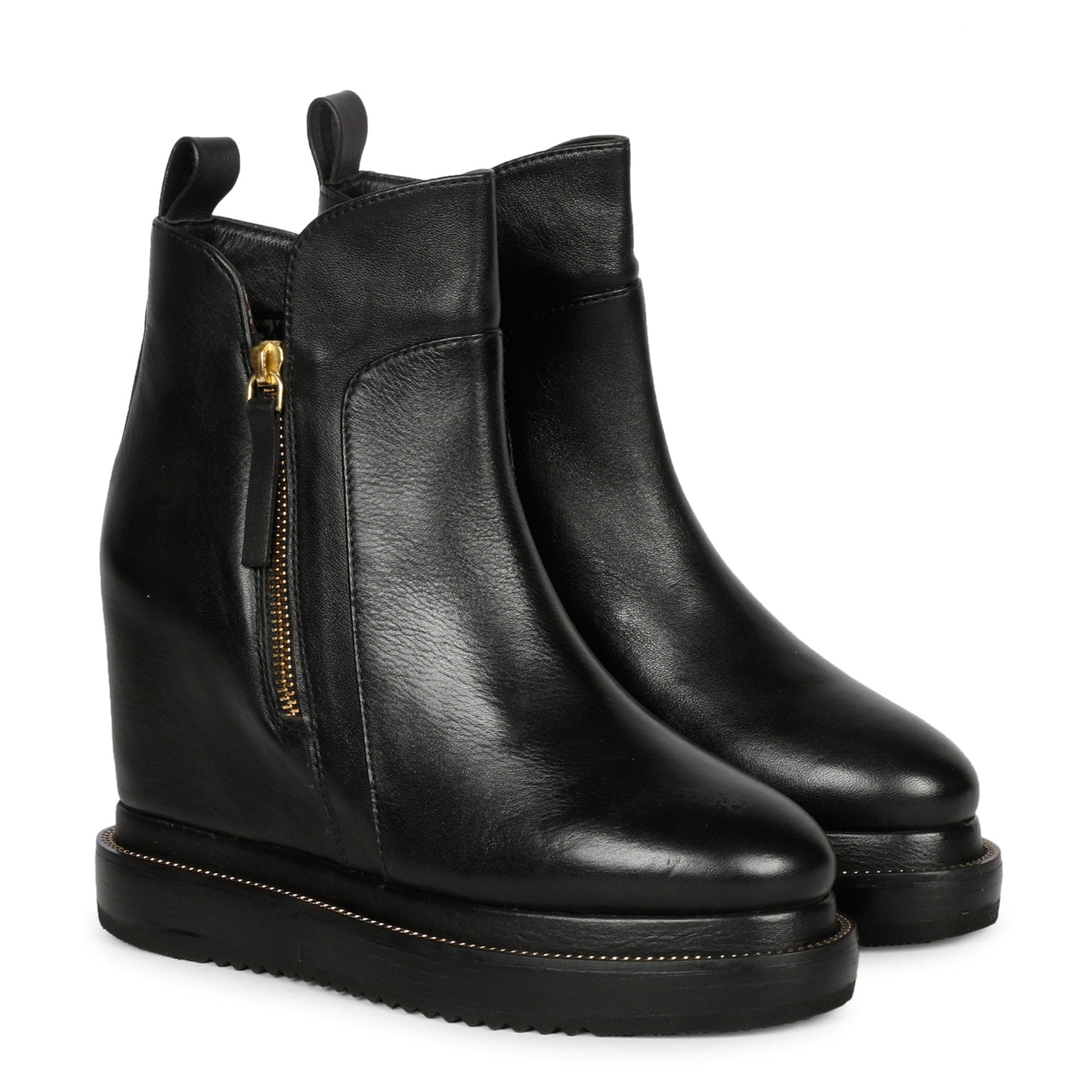 Black Leather Ankle Boots Featuring Stylish Wedge Heel Design
