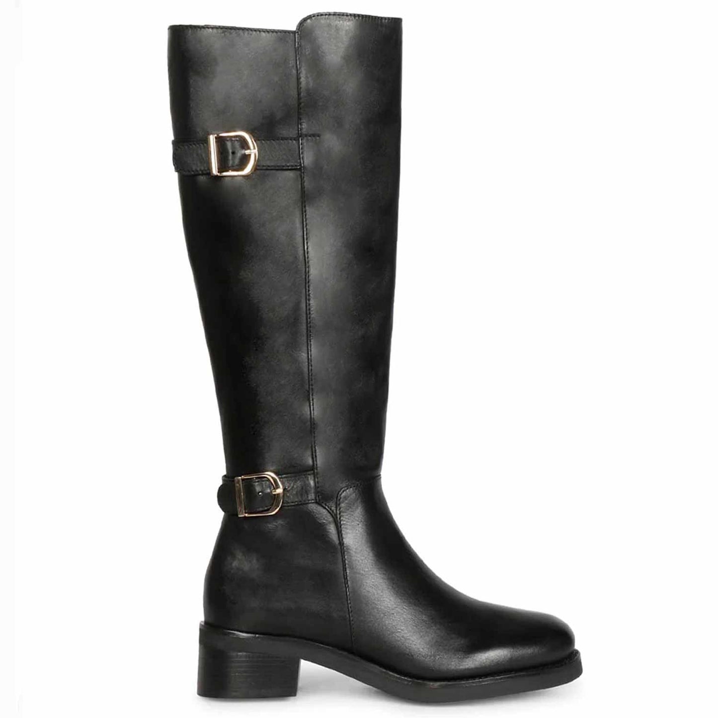 Saint Bijou Buckle Decorative Black Leather Long Boots