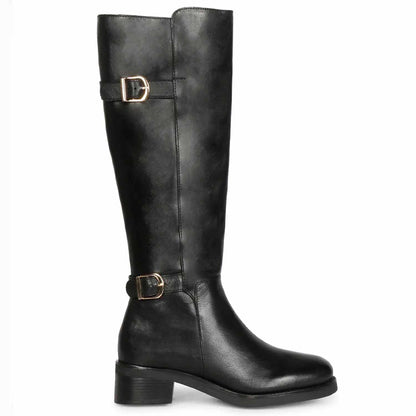 Saint Bijoy Buckle Decorative Black Leather Long Boots