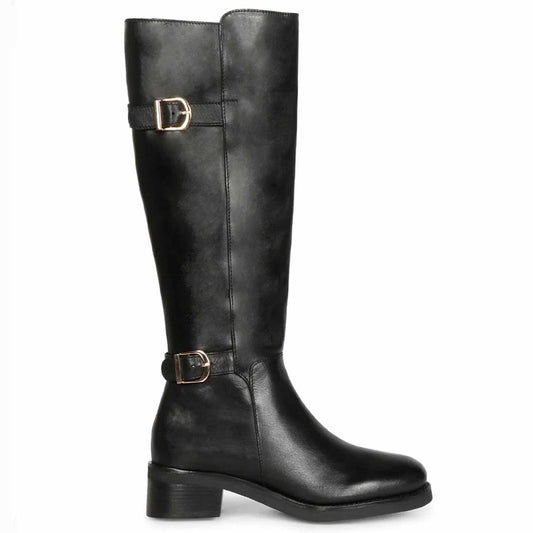 Saint Bijoy Buckle Decorative Black Leather Long Boots