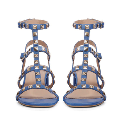Saint Angela Blue Leather Metal Studded Block Heels.
