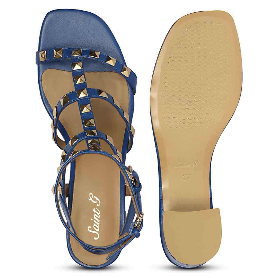 Saint Angela Cobalt Leather Metal Studded Block Heels