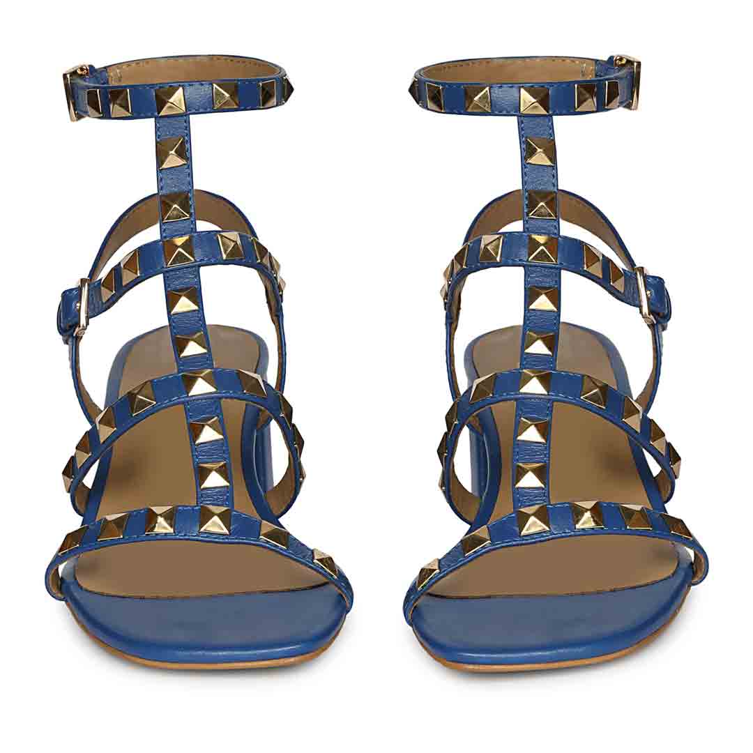 Saint Angela Cobalt Leather Metal Studded Block Heels