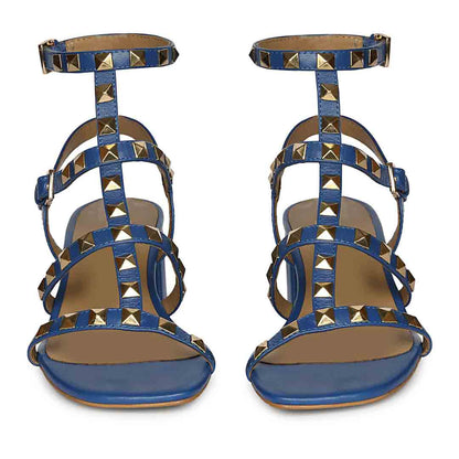 Saint Angela Cobalt Leather Metal Studded Block Heels