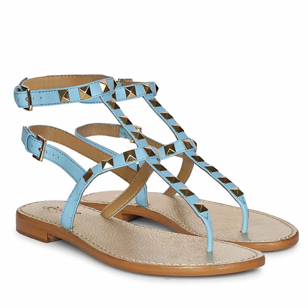 Saint Ornella Sky Blue Leather Metal Studded Sandals