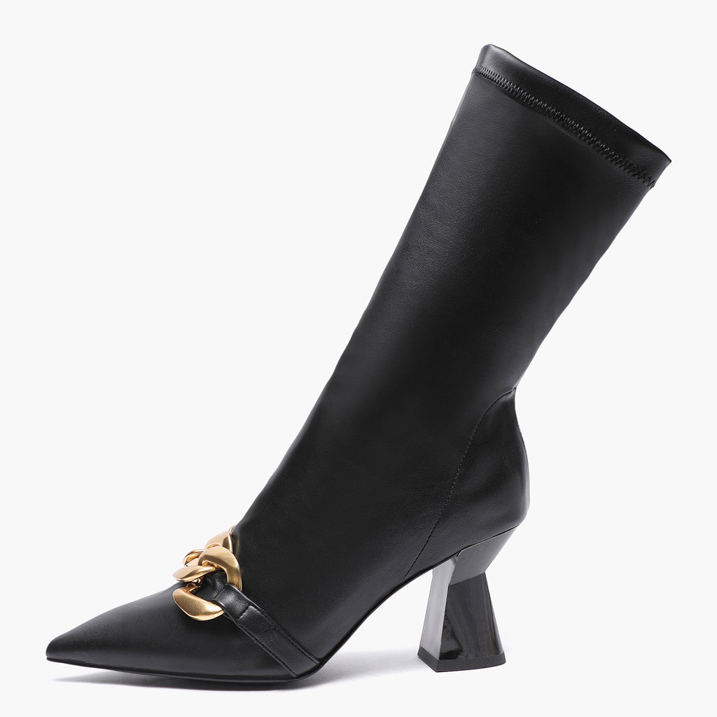 Sleek black pointed heel boots, Saint Rosalie, crafted with stretch Napa for a chic look. Elevate your style with these sophisticated calf boots