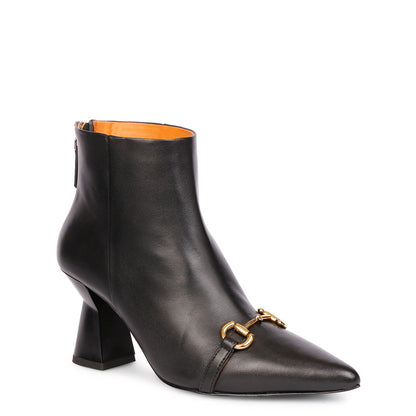 Saint Ashley Black Leather Gold Horsebit Décor Back Zip Boots