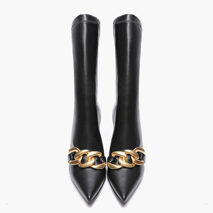 Sleek black pointed heel boots, Saint Rosalie, crafted with stretch Napa for a chic look. Elevate your style with these sophisticated calf boots
