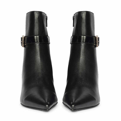 Saint Alondra Buckle Decor Black Leather Kitten Heel Boots