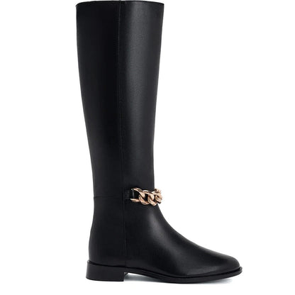 Alina Gold Chain Embellished Black Leather Knee High Boots