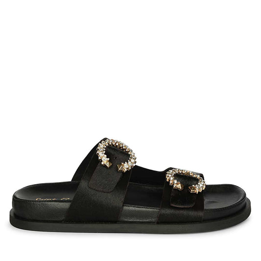 Saint Marta Jewel Pin Buckle Black Hair On Leather Sandals