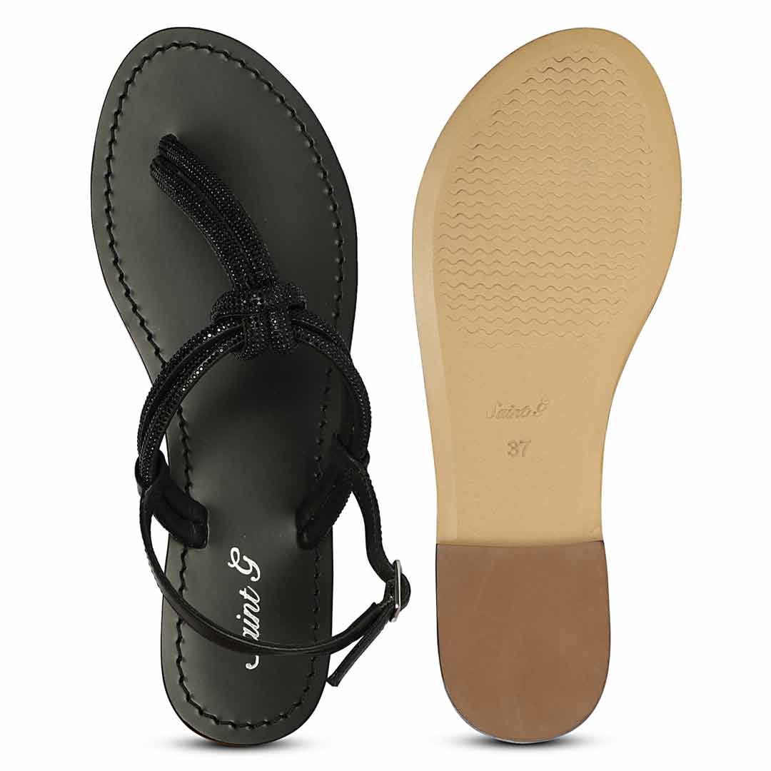 Saint Elsie Crystal Cord Black Leather Flat Sandals