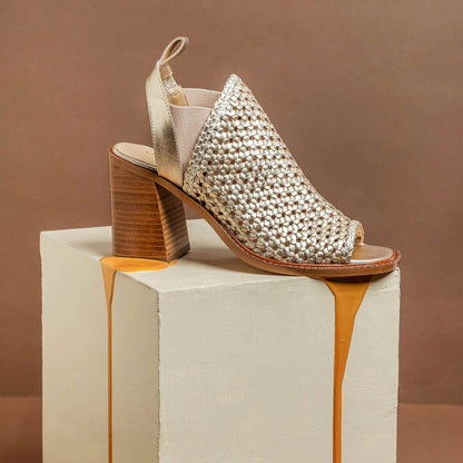 Saint Bella Gold Woven Leather Block Heels: Elegant and chic heels with intricate woven leather design