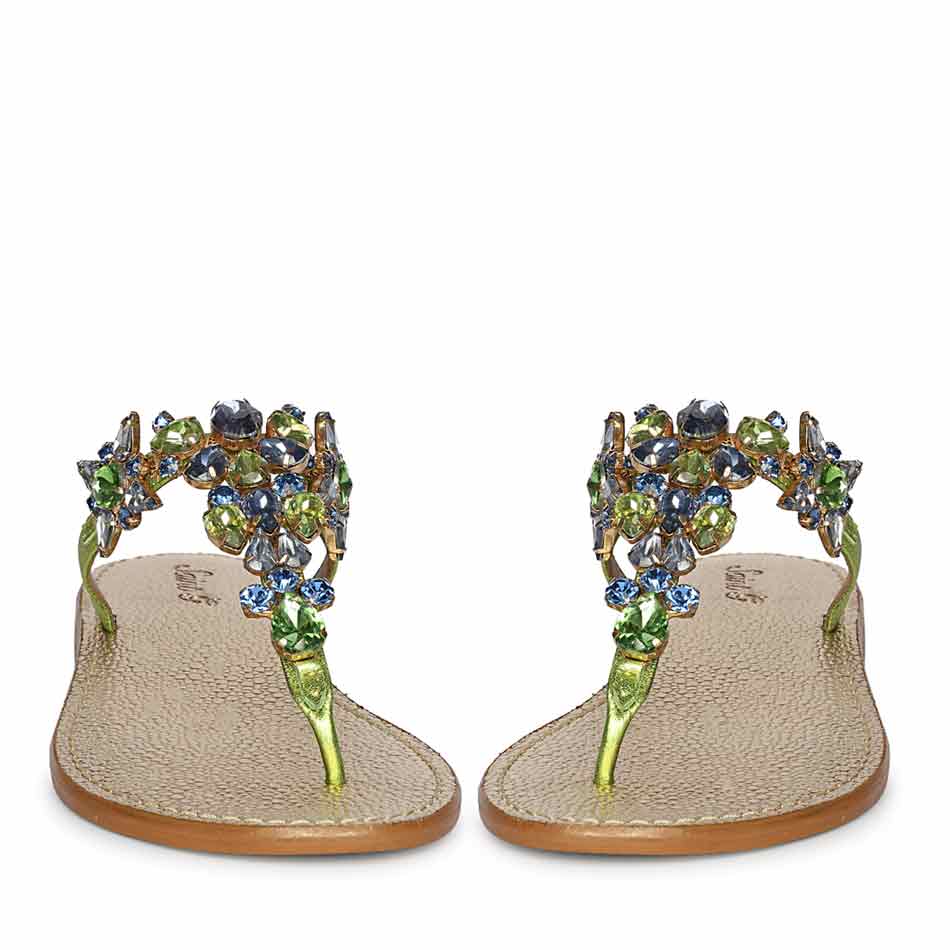 Saint Fleur Multi Stone Metallic Green Leather Flats