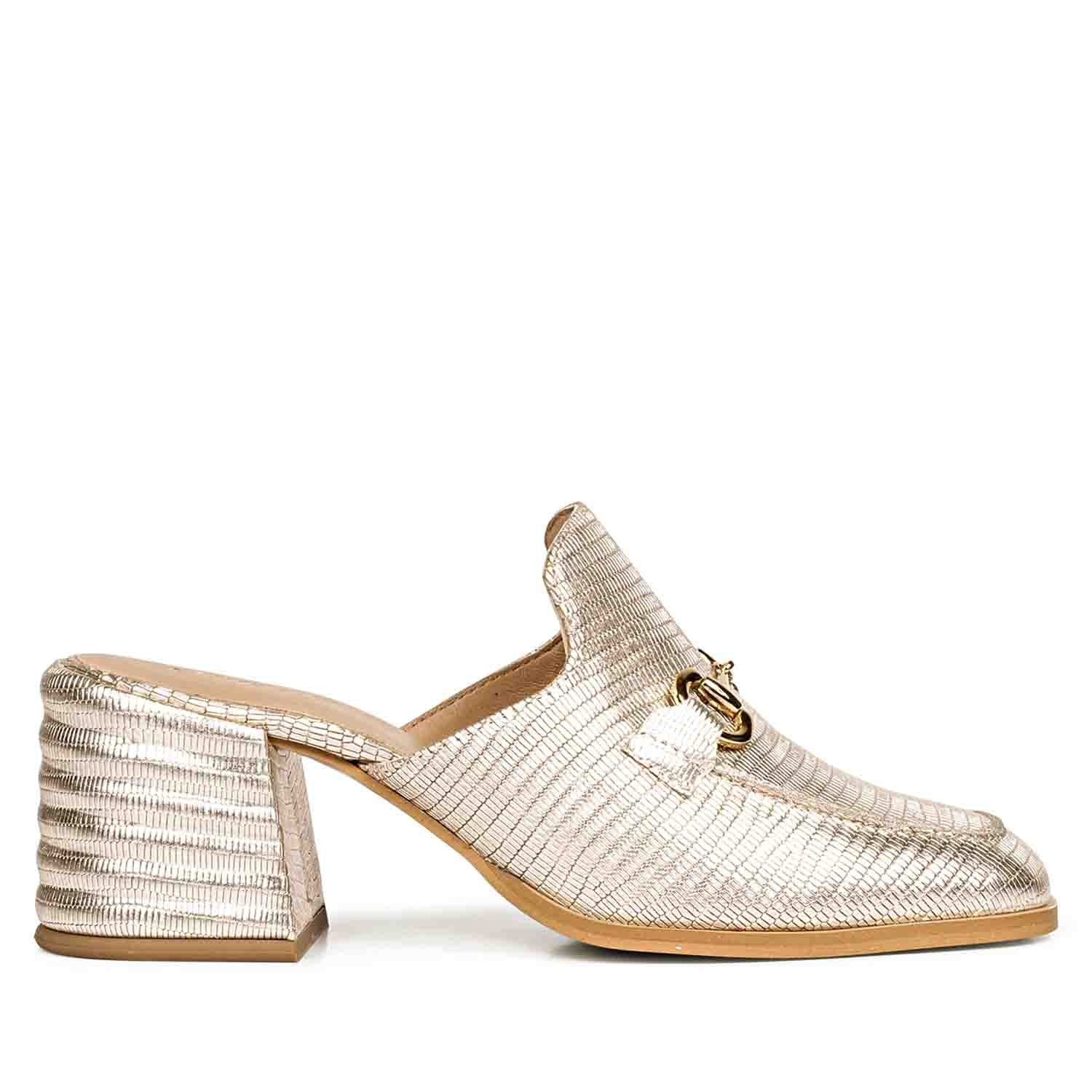 Golden Elegance: Saint Jasmine Lizard Print Leather Mocs, a blend of style and comfort.
