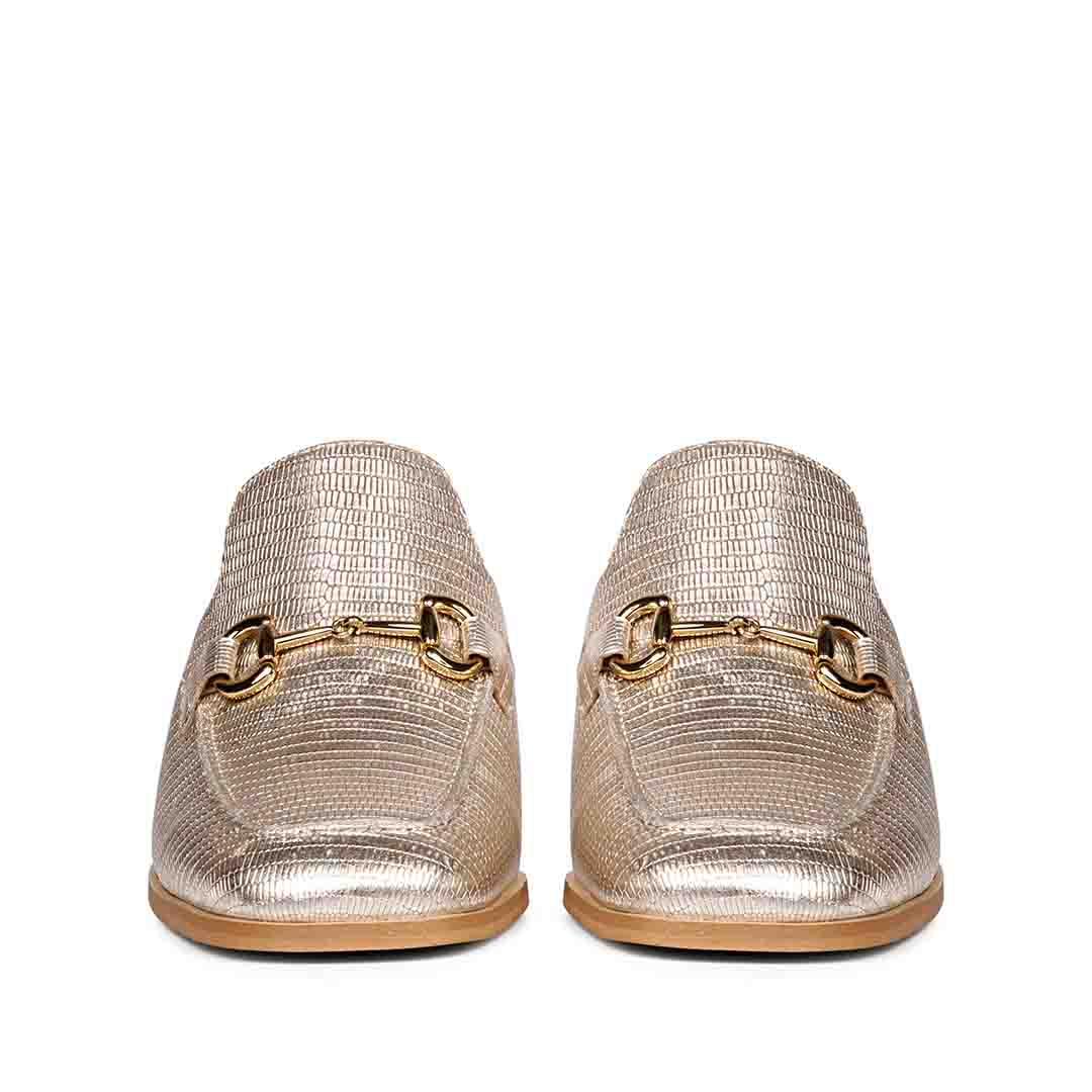 Golden Elegance: Saint Jasmine Lizard Print Leather Mocs, a blend of style and comfort.