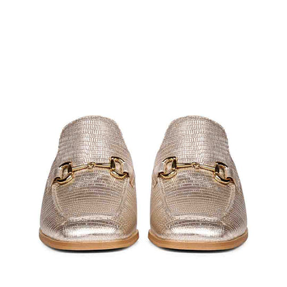 Golden Elegance: Saint Jasmine Lizard Print Leather Mocs, a blend of style and comfort.