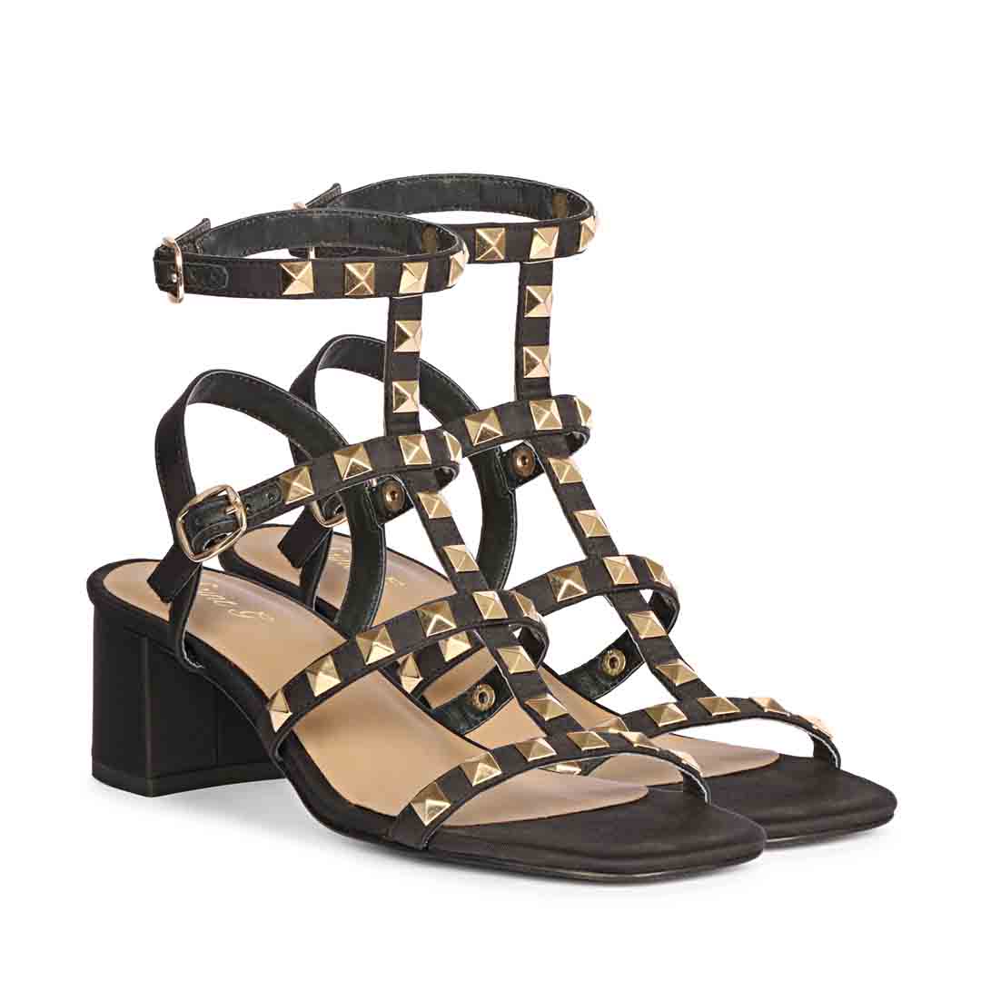 Saint Angela Gold Metal Studded Leather Block Heels