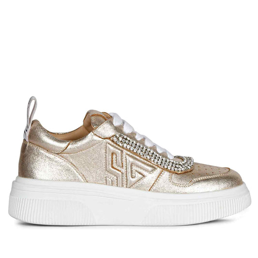 Trendy Crystal-Adorned Gold Leather Sneakers