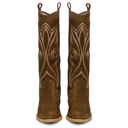 Saint Martina Khaki Stitched Leather Handcrafted Cowboy Boots
