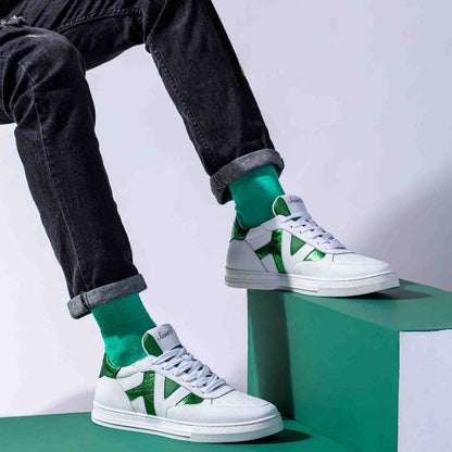 Whitesta Elliot White & Green Leather Handcrafted Sneakers