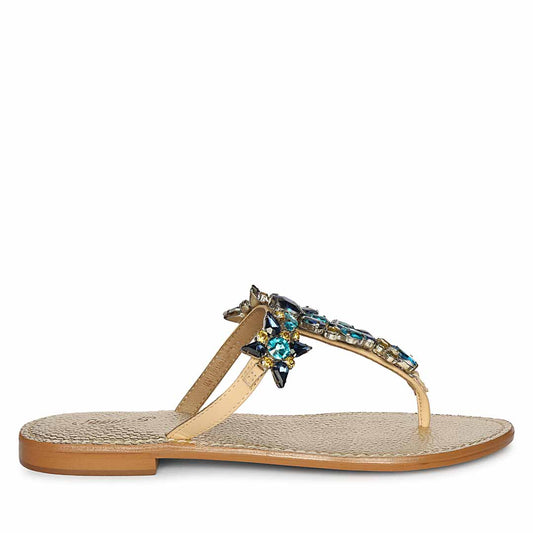 Saint Fleur Multi Stone Embellished Beige Leather Flats