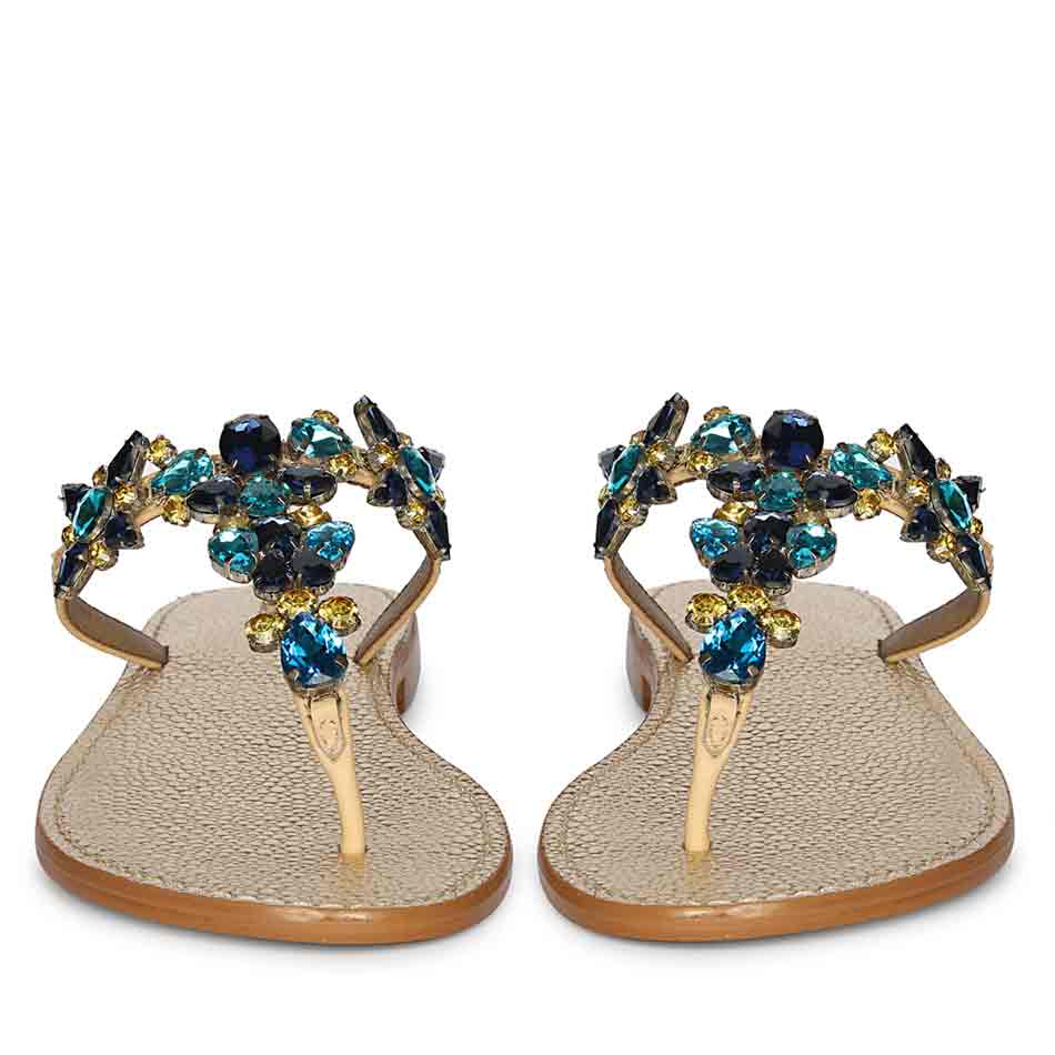 Saint Fleur Multi Stone Embellished Beige Leather Flats