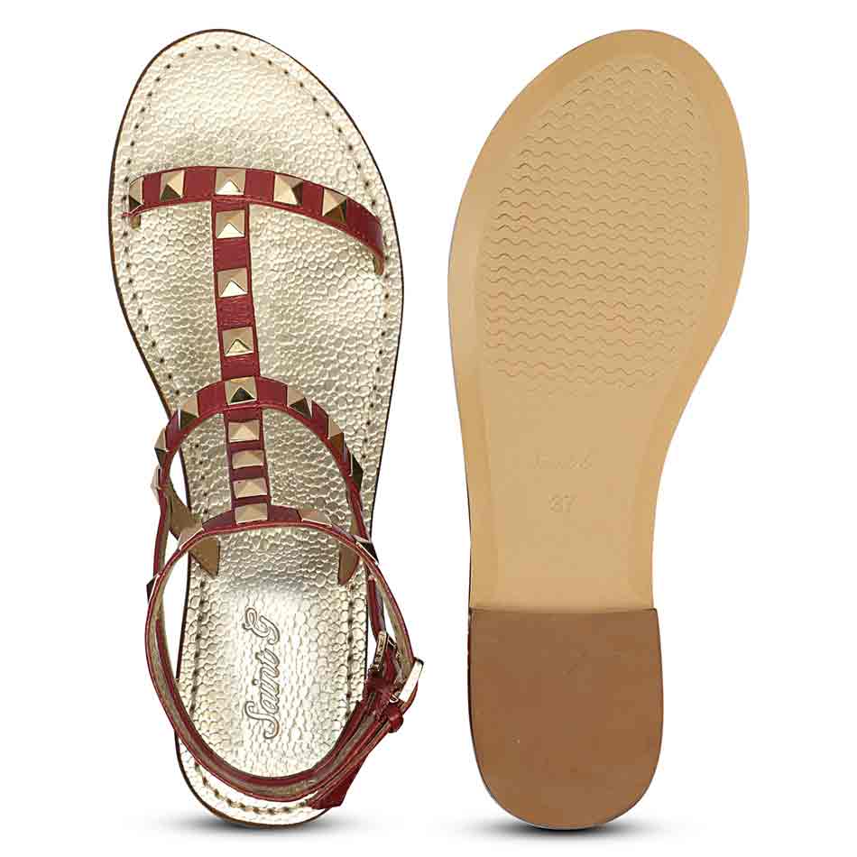 Saint Miriam Red Leather Metal Studded Sandals
