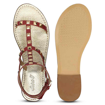 Saint Miriam Red Leather Metal Studded Sandals