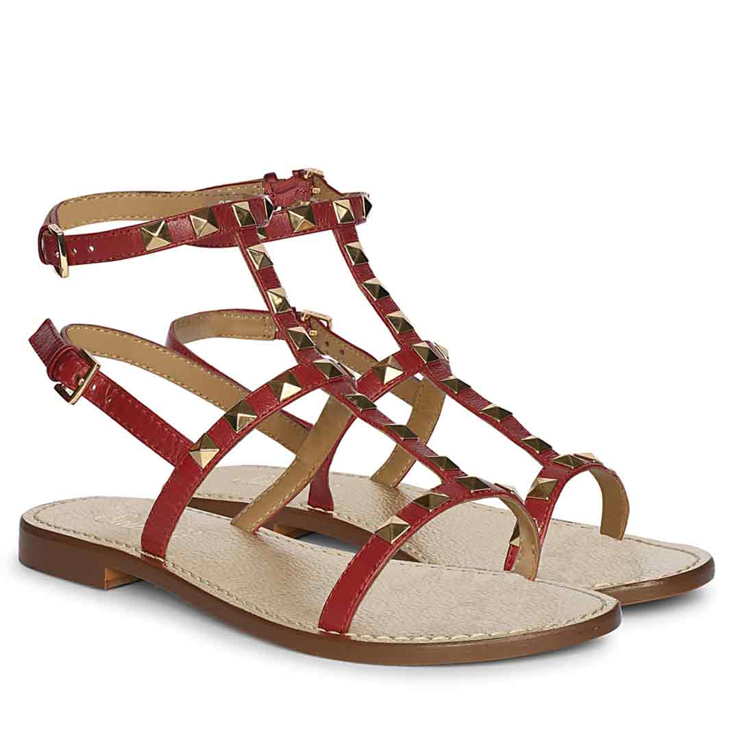 Saint Miriam Red Leather Metal Studded Sandals