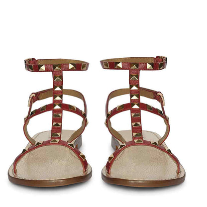 Saint Miriam Red Leather Metal Studded Sandals