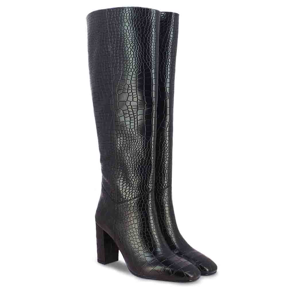 Saint Emily Black Croc Embossed Vegan Leather Long Boots