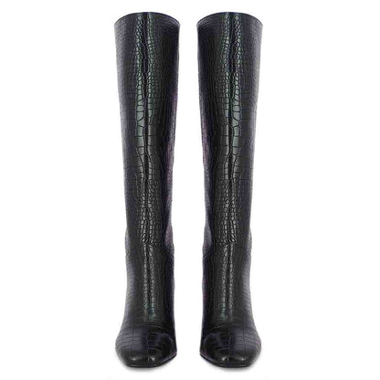 Saint Emily Black Croc Embossed Vegan Leather Long Boots