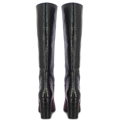 Saint Emily Black Croc Embossed Vegan Leather Long Boots