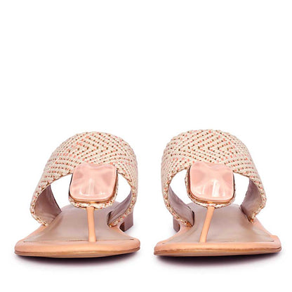 Saint Beau Stone Jeweled Pink Leather-Raffia Flat Sandals