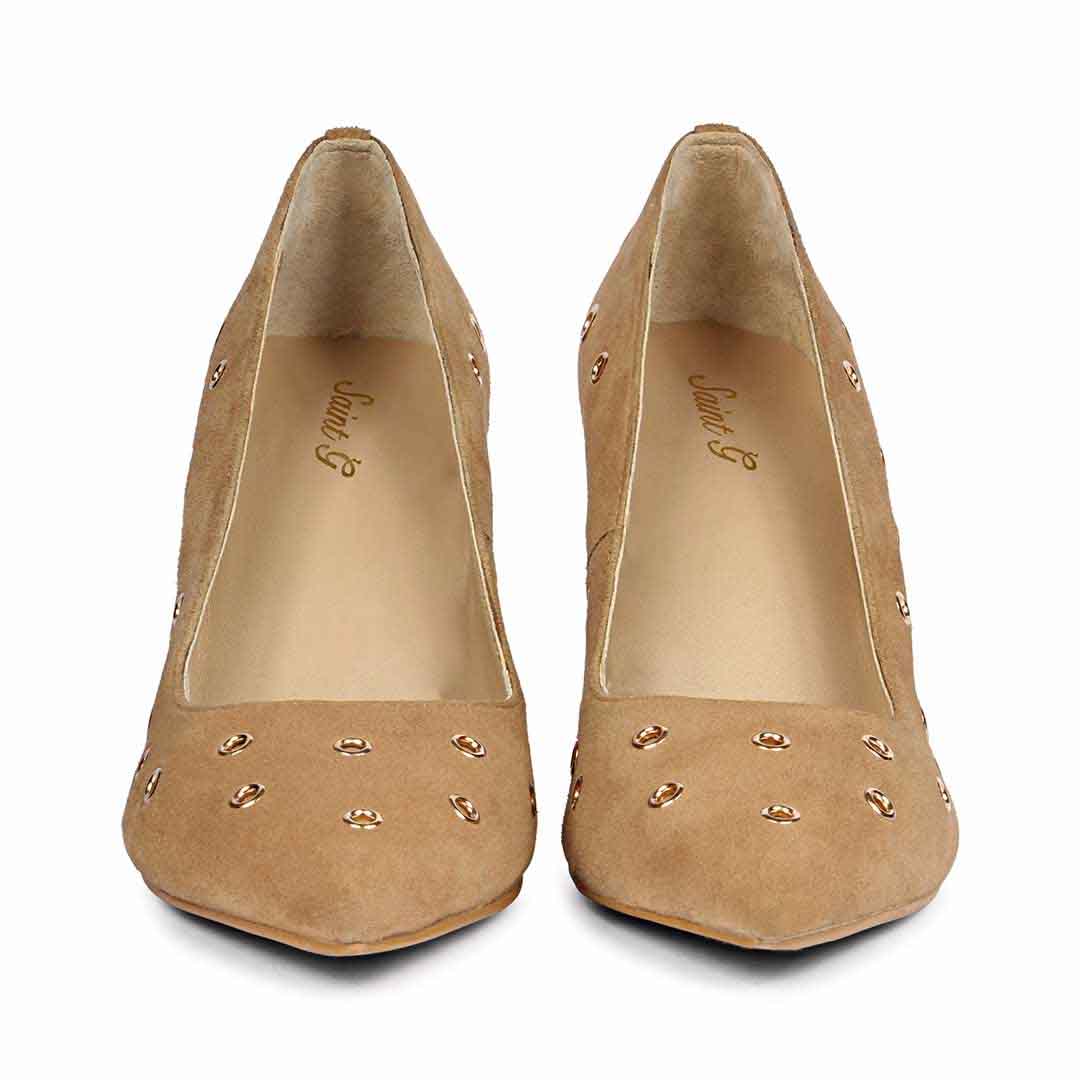 Saint Remi Eyelet Embellished Beige Suede Leather Pumps