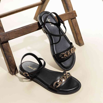 Saint Bellini Gold Chain Decor Black Leather Sandals