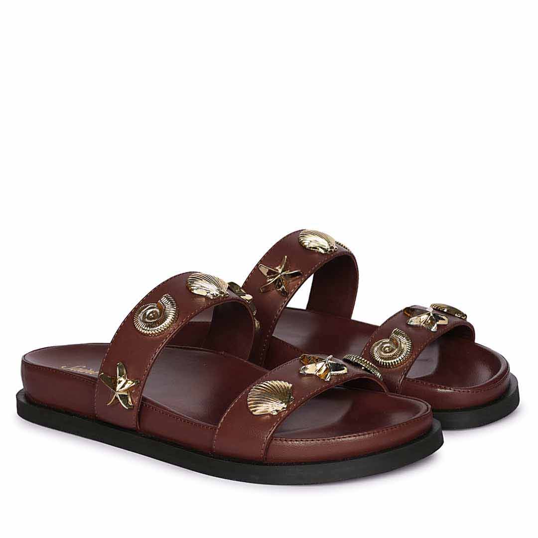 Saint Hallie Seashell & Star Studs Brown Leather Sandals