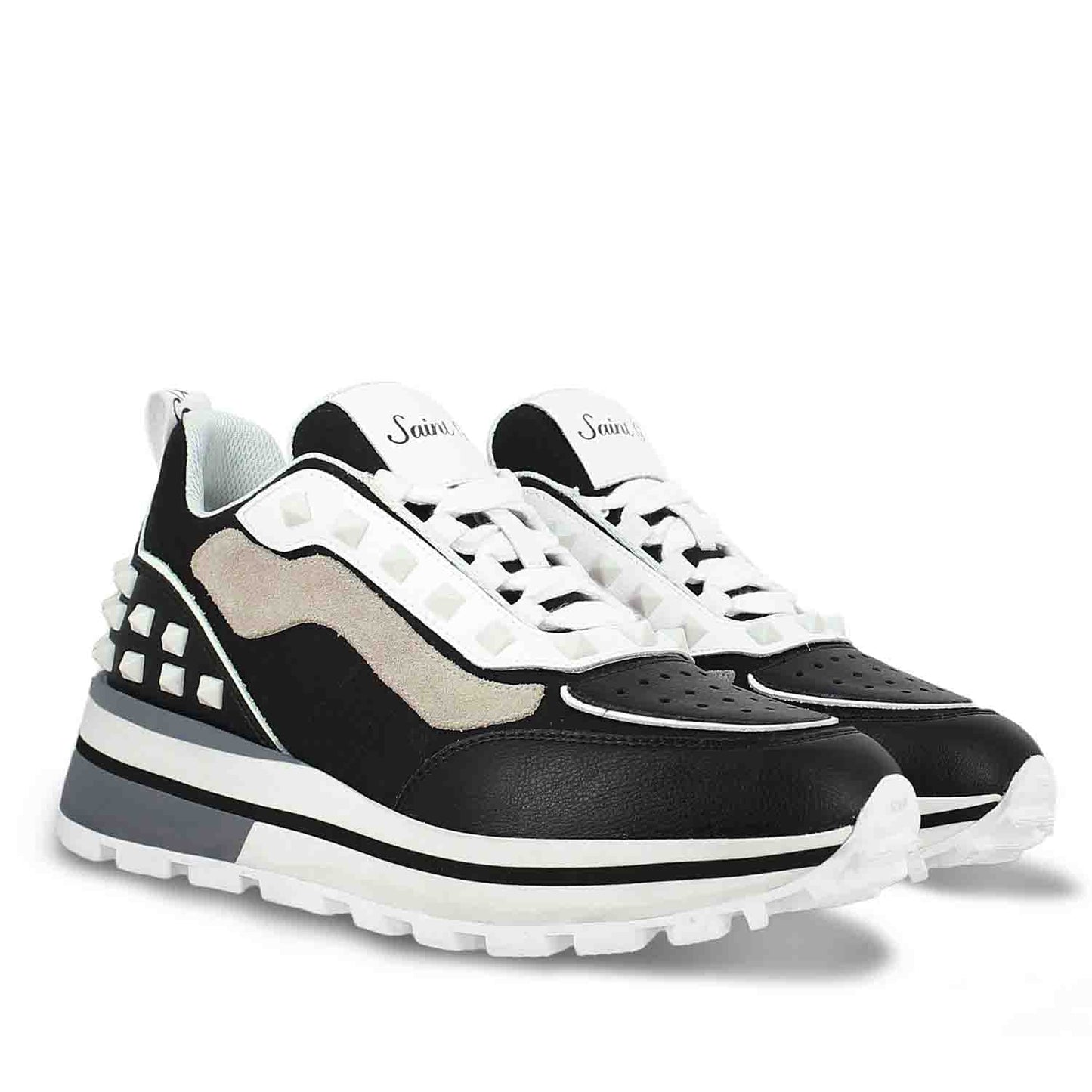Whitesta Ginevra White Black Grey Leather Sneakers