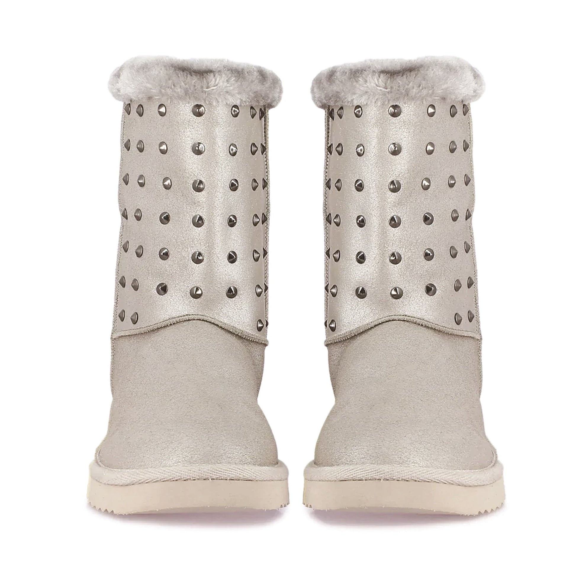 Saint Cassandra Silver Glitter Snug Boots with Metal Studs - Chic and comfy footwear for a stylish statement