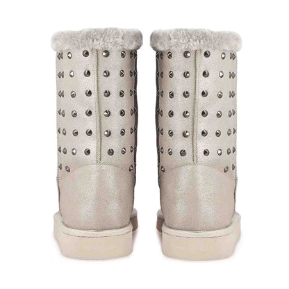 Saint Cassandra Silver Glitter Snug Boots with Metal Studs - Chic and comfy footwear for a stylish statement