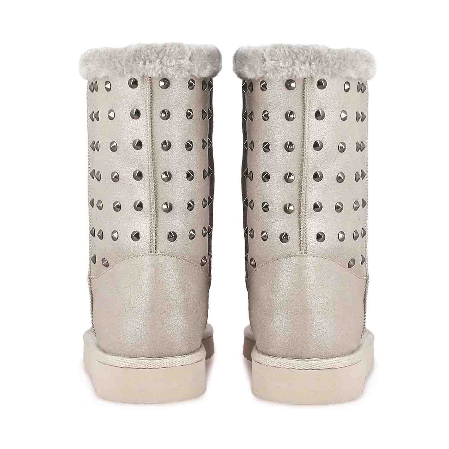 Saint Cassandra Silver Glitter Snug Boots with Metal Studs - Chic and comfy footwear for a stylish statement