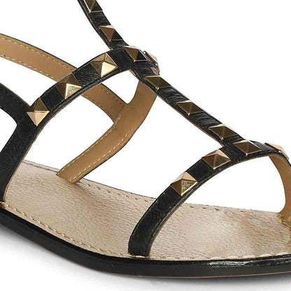 Saint Miriam Black Leather Metal Studded Sandals