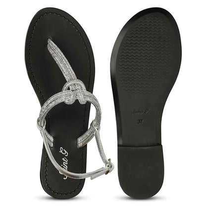 Saint Elsie Crystal Cord Metallic Silver Leather Flat Sandals