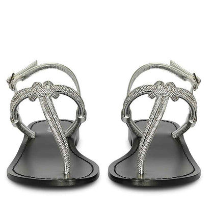 Saint Elsie Crystal Cord Metallic Silver Leather Flat Sandals