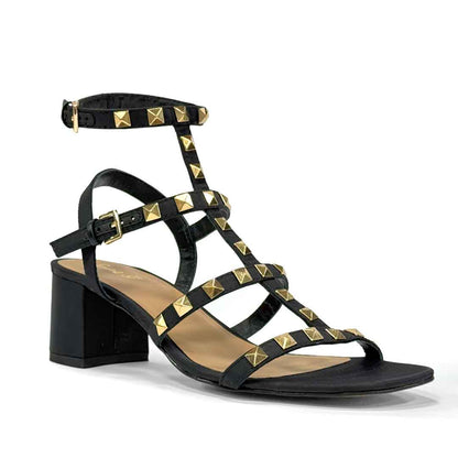 Saint Angela Metal Studded Double Buckle Black Heels