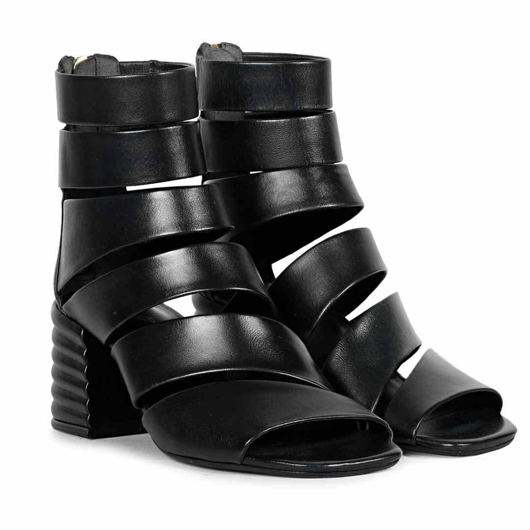 Saint Elena Black Leather Handcrafted Strappy Block Heels