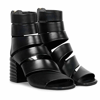 Saint Elena Black Leather Handcrafted Strappy Block Heels