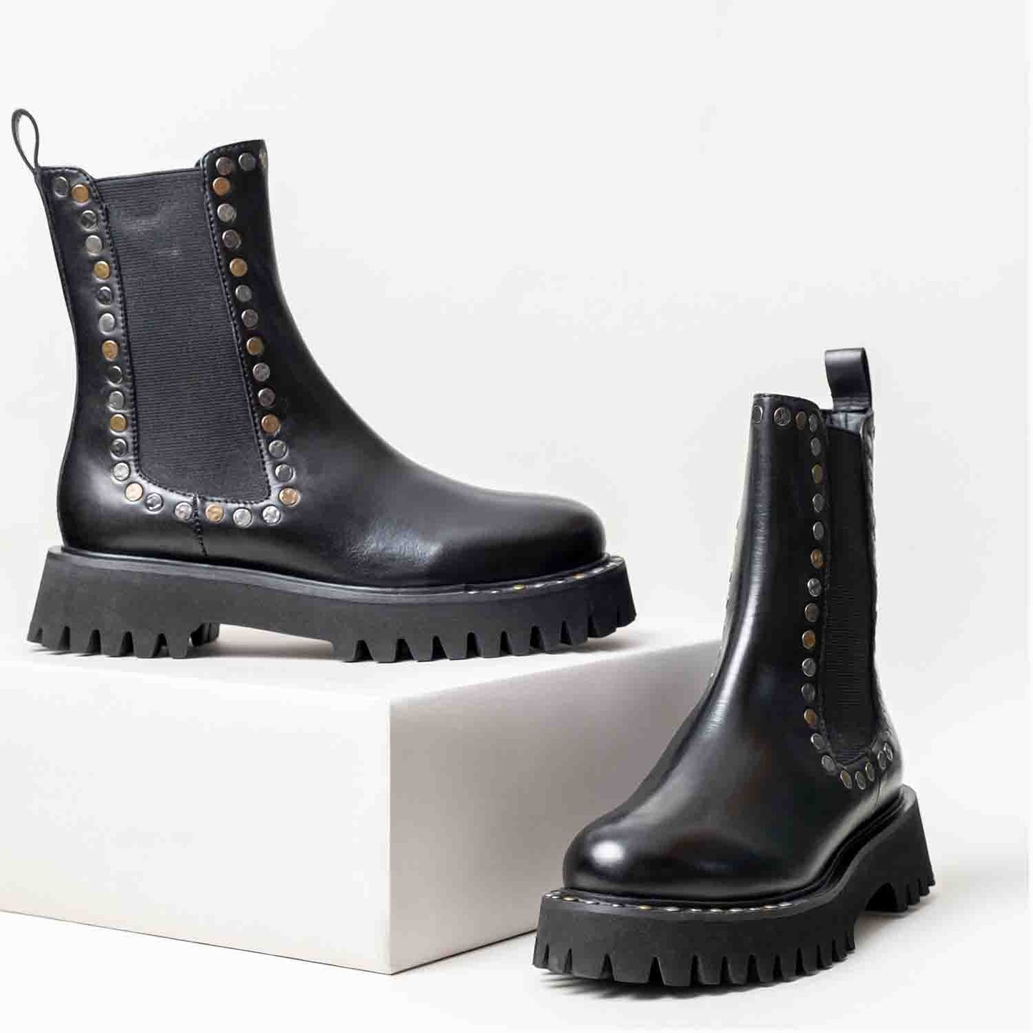 Saint Jessica Metal Studded High Ankle Leather Boots - Edgy and stylish high ankle boots with metal studs for a bold fashion statement